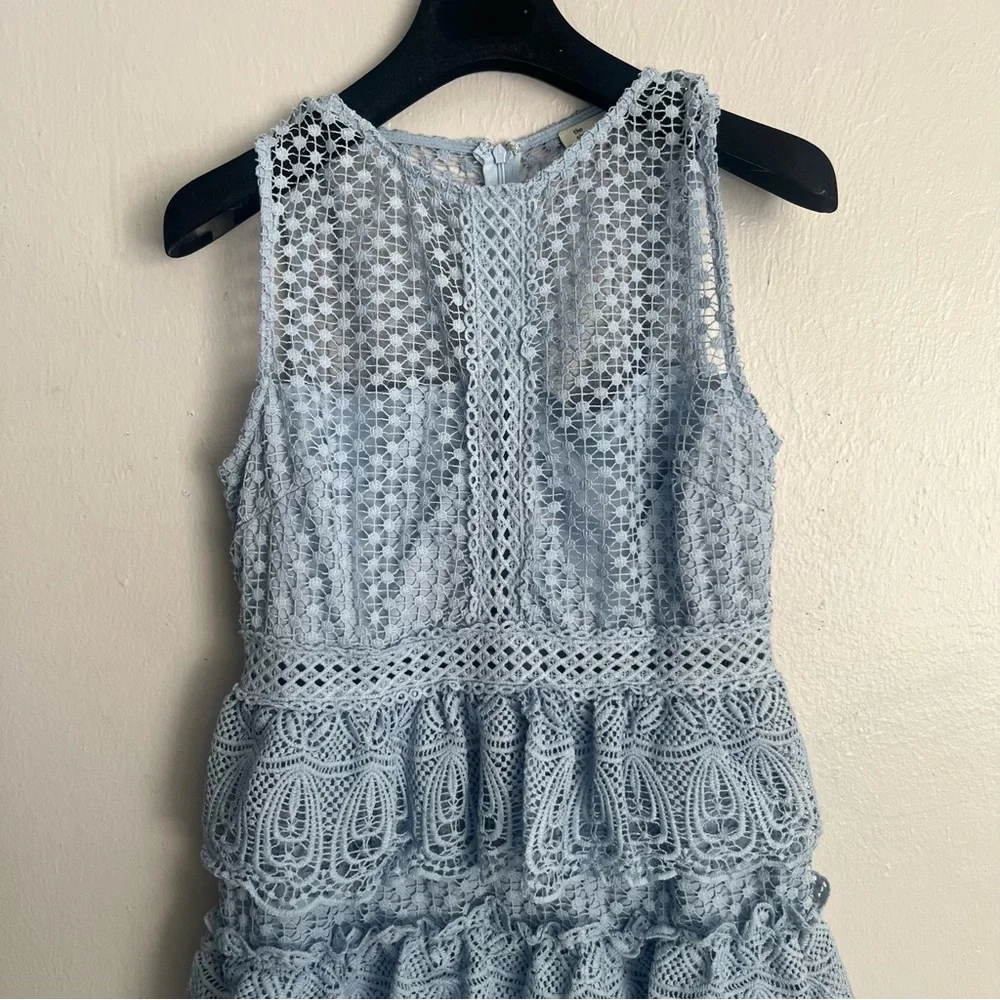 The Clothing Company Baby Blue Tiered Crochet Knit Lace Mini Dress - Picture 11 of 15